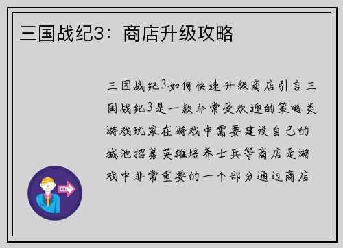 三国战纪3：商店升级攻略